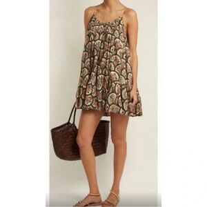 Rhode Resort Nala Mushroom Print Sleeveless Mini Swing Dress Green Cream Women L